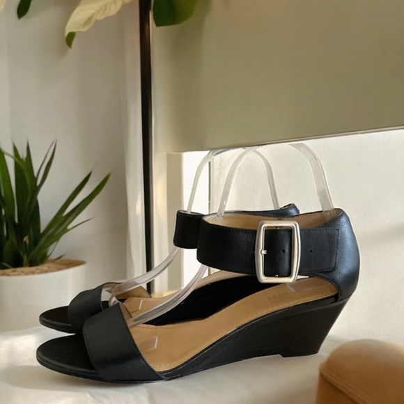 Nine West Shoes - Nine West Black leather buckle ankle strap wedge heel sandals Size 10
